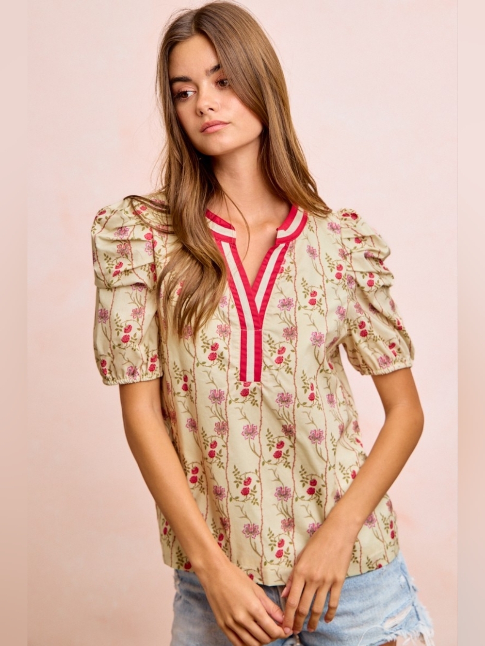 BiBi Floral Gather Sleeves Contrast Neckband Blouse Top- Cream And Pink - Picture 5 of 9